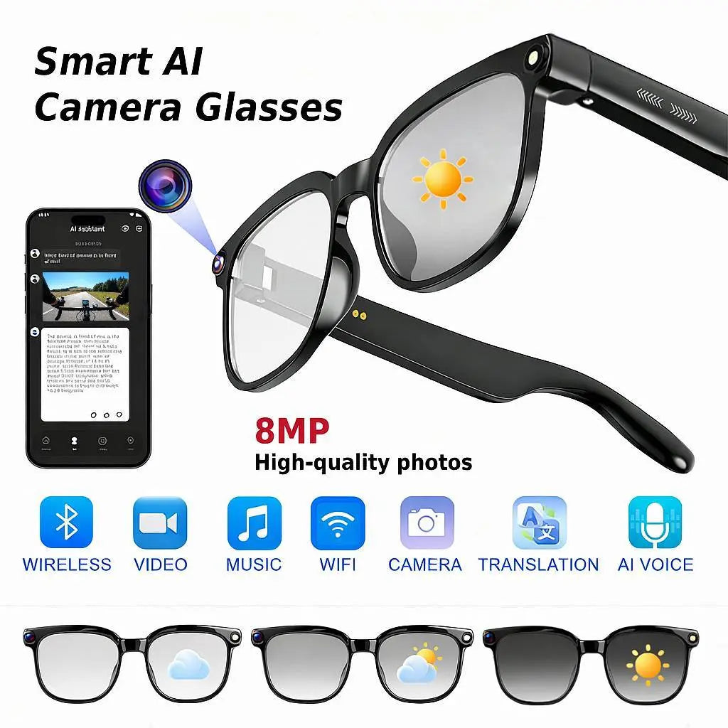 AI Camera Glasses 8MP HD Recording Real Time Translation UV Protection