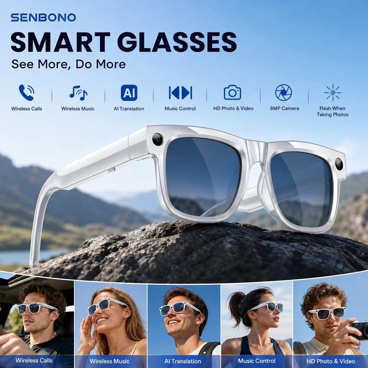 Smart Camera Glasses with Magnetic Charging Photo Video Audio Recording