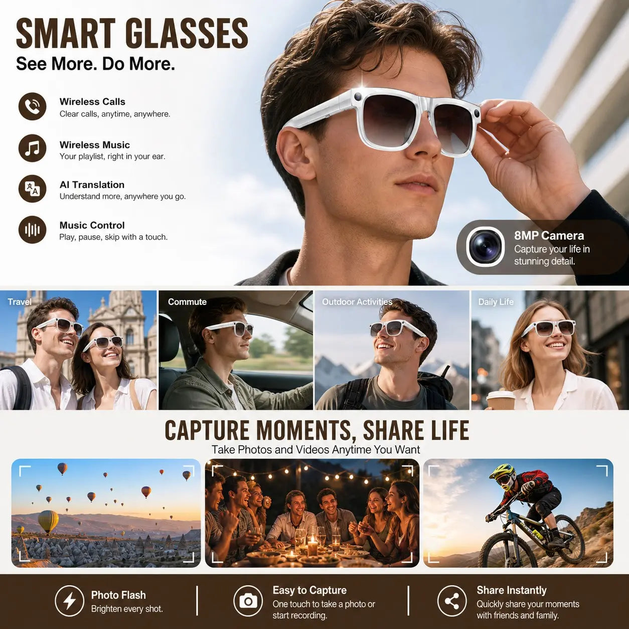 Smart Camera Glasses with Magnetic Charging Photo Video Audio Recording