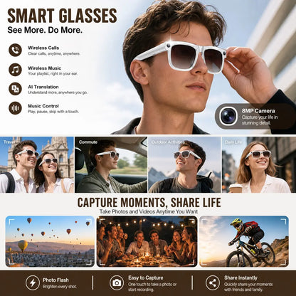 Smart Camera Glasses with Magnetic Charging Photo Video Audio Recording