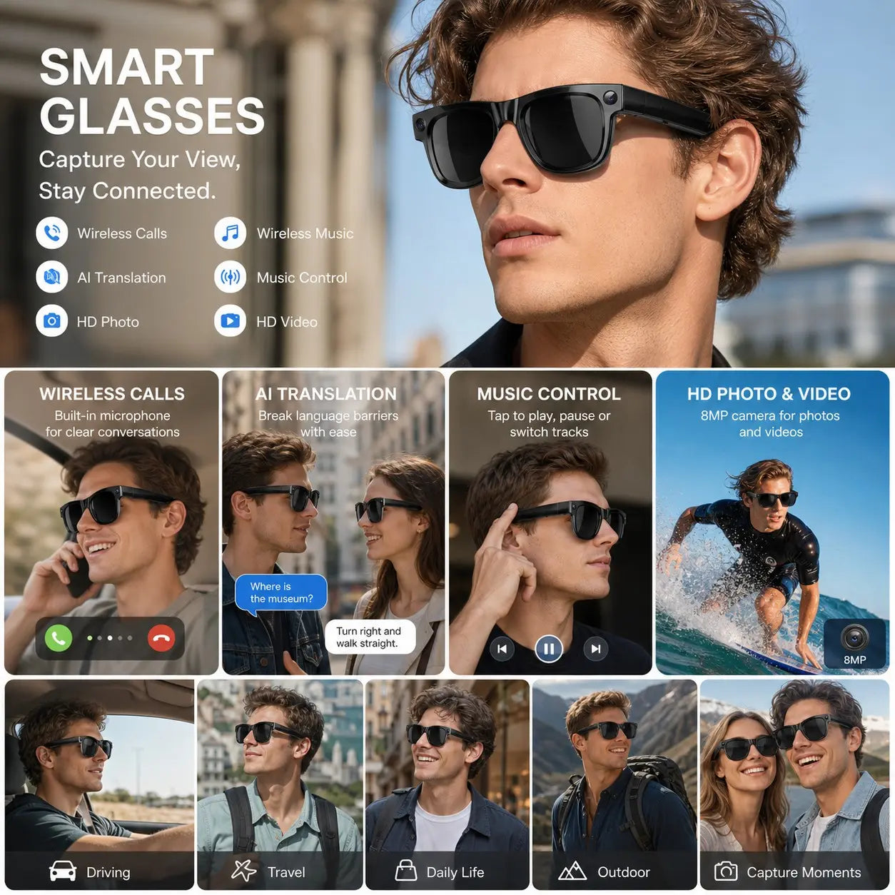 Smart Camera Glasses with Magnetic Charging Photo Video Audio Recording