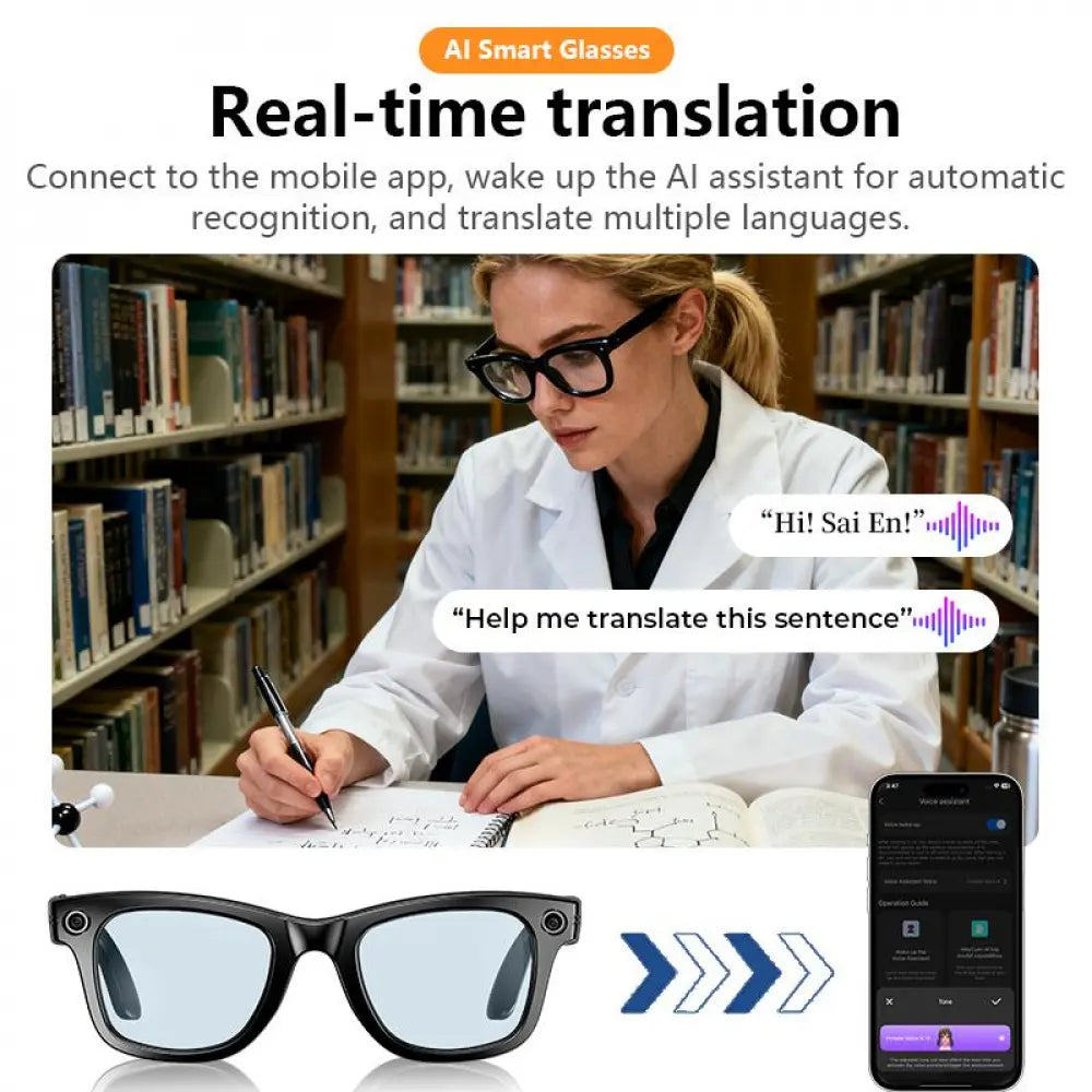 Smart AI Camera Glasses with 8MP Photochromic Lenses Real Time Translation