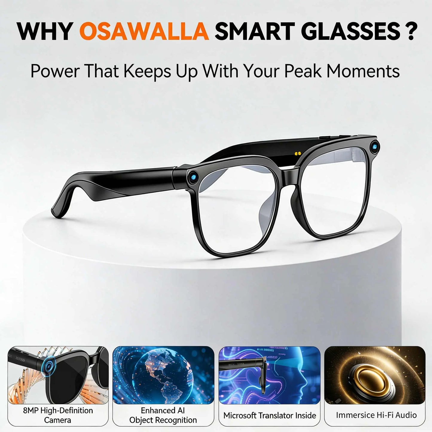 Smart AI Camera Glasses with 8MP Camera 1080P Video Real Time Translation